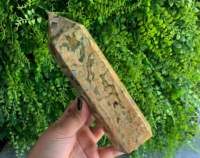 818g Green Rain Forest Jasper Generator Tower, Rhyolite, Six Sided, Glossy Polish, Stone of Happiness