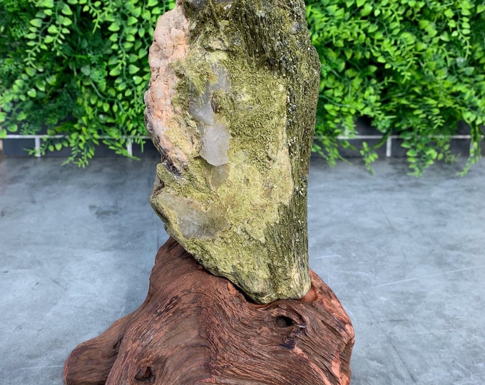 1310g Epidote Show Piece Cluster with Clear Quartz Inclusion, Custom Stand, Stone of Grounding