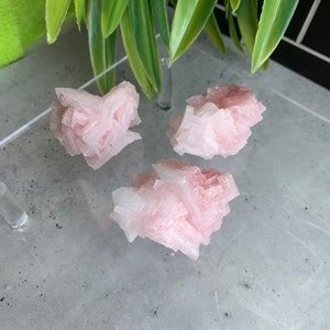 May include: Three pink selenite crystal clusters on a grey surface. The crystals are translucent and have a delicate, layered structure.