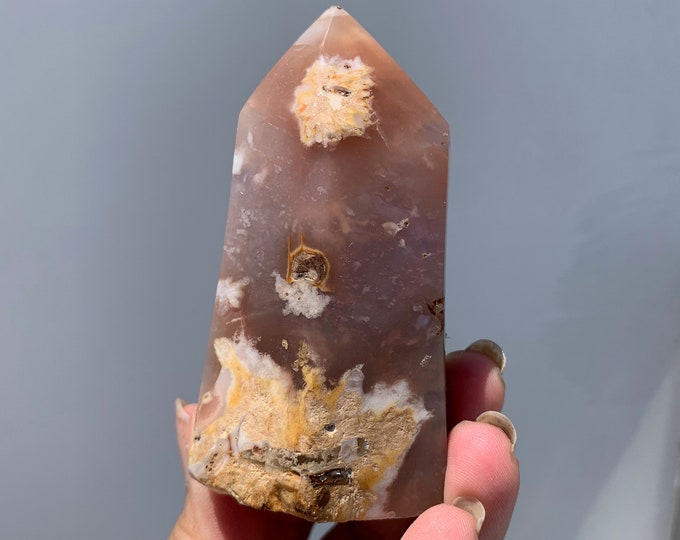 190g Peachy Flower Agate Chunky Tower, Soft Polish, Hand Carved, High Quality, Stone of Manifesting Our Potential