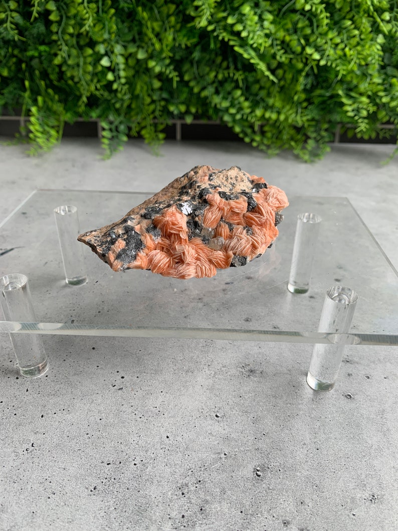 May include: A pink and white mineral specimen with a rough, natural texture. The mineral is displayed on a clear acrylic stand with four legs.