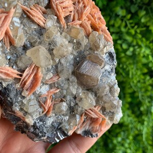 May include: A cluster of clear quartz crystals with a layer of orange-red barite crystals on top. The crystals are set in a dark gray matrix.