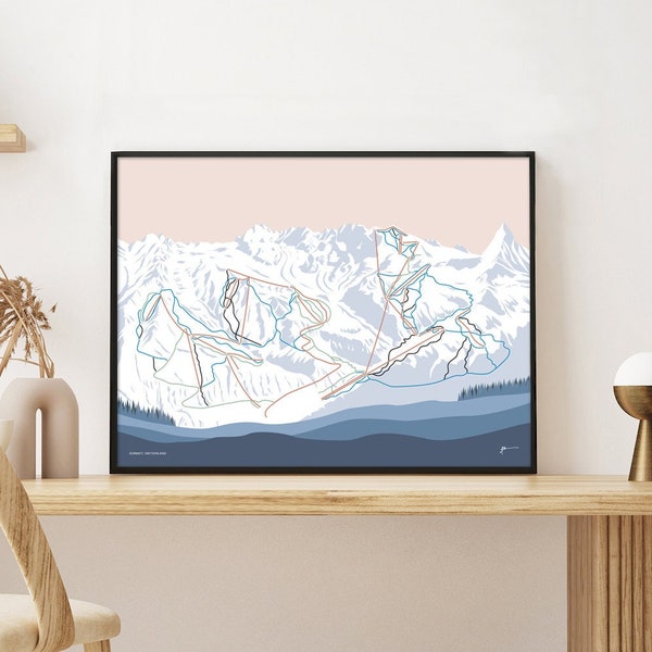 Zermatt Ski Trail Map Art Print: Switzerland Mountain Design