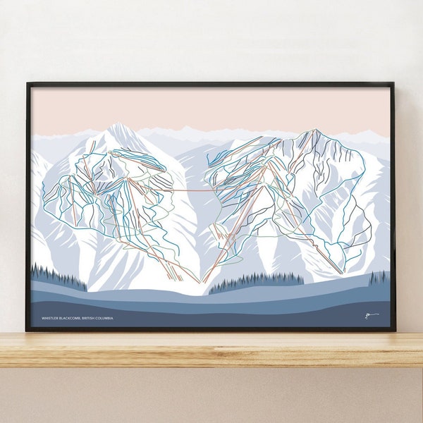 WHISTLER BLACKCOMB Mountain Ski Trail Map Wall Art Print. By Bridget Hall Design. Free Shipping