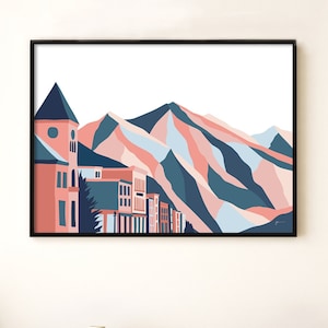 Telluride, Colorado. Modern Mountain Ski Town Landscape Art Print. Bridget Hall Design