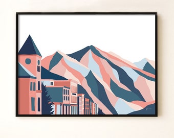 Telluride, Colorado. Modern Mountain Ski Town Landscape Art Print. Bridget Hall Design