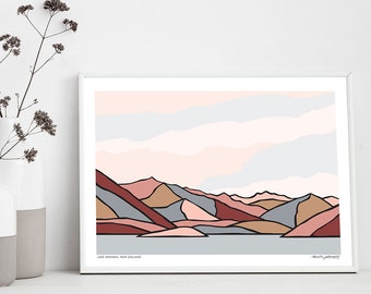 Lake Wanaka View from Mt Iron, New Zealand. Modern Mountain Landscape Art Print Earth tones. FREE SHIPPING. Bridget Hall Design