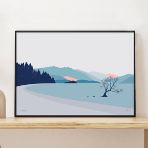 Wanaka Tree New Zealand Travel Art Print. Modern lake and mountain landscape. That Wanaka Tree. FREE SHIPPING WORLDWIDE. Bridget Hall Design