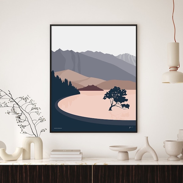 Wanaka Tree New Zealand Art Print. Modern Landscape Mountains Lake Famous Tree Wall Art. #thatwanakatree. FREE SHIPPING. Bridget Hall Design