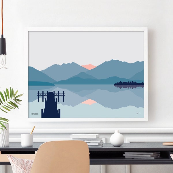 Lake Te Anau, Fiordland, New Zealand Art Print. Modern Mountains and Lake Landscape Poster. free shipping worldwide. Bridget Hall Design