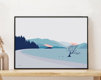 Wanaka Tree Art Print: New Zealand Modern Travel Poster
