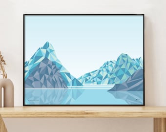 Milford Sound Mitre Peak New Zealand Art Print, Modern Geometric Mountain Wall Art Poster. free shipping worldwide! Bridget Hall Design