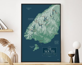 South of the South Island New Zealand Map Art Print: Modern Travel Poster