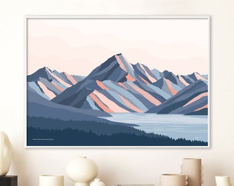 Aoraki Mt Cook New Zealand. Modern Mountain Art Print Travel Poster. Highest mountain in NZ. Free Shipping. Bridget Hall Design