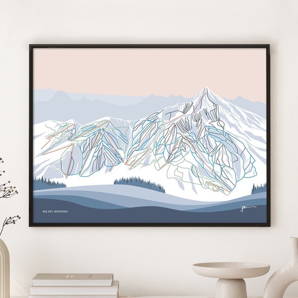 BIG SKY, MONTANA. Mountain Ski Trail Map Wall Art Print. By Bridget Hall Design. Free Shipping