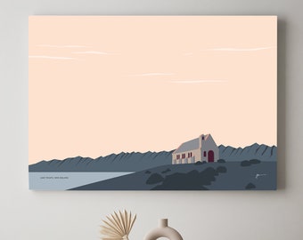 Lake Tekapo, Church of the Good Shepherd, New Zealand Modern Contemporary Landscape Art Print Poster. FREE SHIPPING Bridget Hall Design