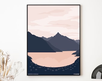 QUEENSTOWN, New Zealand Contemporary Lake and Mountain Travel Art Print Poster. Free Worldwide Shipping. Bridget Hall Design