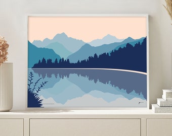 Lake Matheson, West Coast New Zealand with Aoraki Mount Cook. Modern Mountain Art Print. FREE SHIPPING WORLDWIDE. Bridget Hall Design