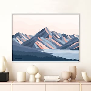 Aoraki Mt Cook New Zealand. Modern Mountain Art Print Travel Poster. Highest mountain in NZ. Free Shipping. Bridget Hall Design