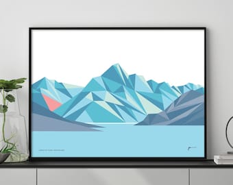 Aoraki Mt Cook Geometric Art Print: New Zealand Mountain Landscape