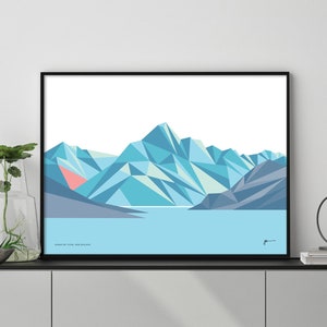 Aoraki Mt Cook New Zealand Geometric Mountain Art Print. Highest mountain in NZ. Free Shipping. Bridget Hall Design