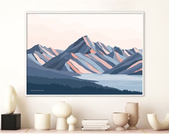 Aoraki Mt Cook New Zealand. Modern Mountain Art Print Travel Poster. Highest mountain in NZ. Free Shipping. Bridget Hall Design