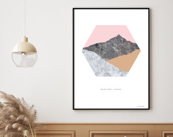 Black Peak, Wanaka, New Zealand Modern Abstract Landscape Mountain Art Print with printed marble texture Wall Art Poster. Free Shipping