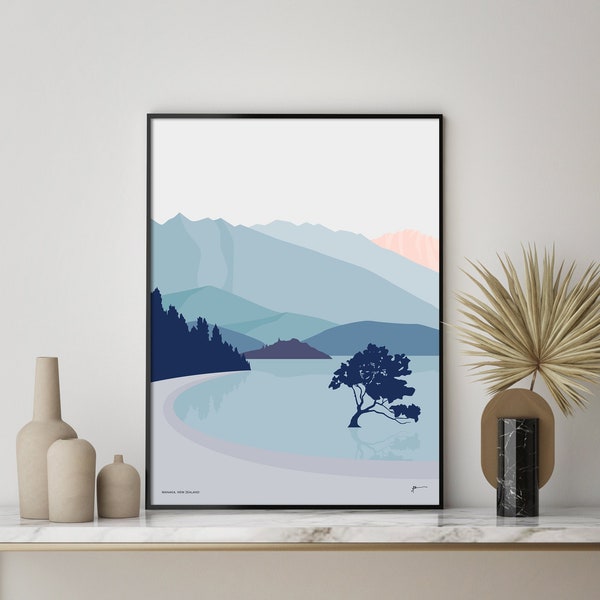 Wanaka Tree New Zealand Art Print. Modern Abstract Landscape Mountains, Lake Wall Art. Blue Palette #thatwanakatree. Bridget Hall Design