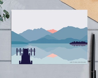 Te Anau, New Zealand Modern Abstract Lake and Mountain Landscape Greeting Card