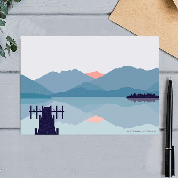 Te Anau, New Zealand Modern Abstract Lake and Mountain Landscape Greeting Card