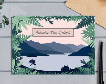 Lake Wanaka Native - Contemporary Mountain  Landscape Greeting Card of Lake Wanaka framed with New Zealand Native Plants