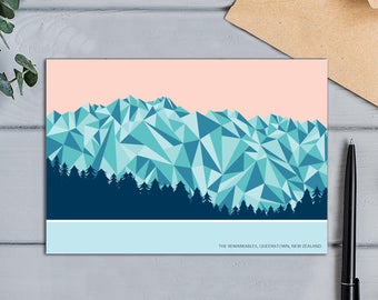 The Remarkables Mountain Range, Queenstown, New Zealand Geometric Design Card. Bridget Hall Design