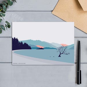 Lake Wanaka Tree, New Zealand Modern Mountains Art Landscape Card thatwanakatree. Bridget Hall Design