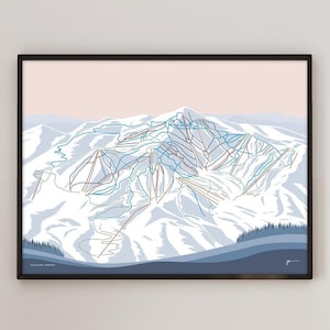 Könnte beinhalten: Eine gerahmte Illustration eines Skigebiets mit hellrosa Hintergrund und blauen, weißen und braunen Skipisten. Der Text "Stowe Mountain Resort, Vermont" befindet sich am unteren Rand des Bildes.