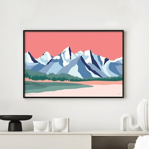 Die Teton Kette, Grand Teton National Park, Jackson Hole, Wyoming. Bunte Farbpalette Moderne Berge Kunstdruck. Bridget Hall