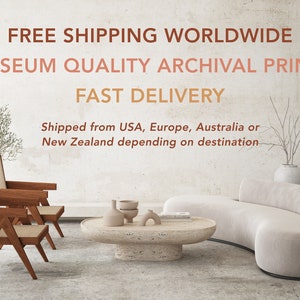May include: A living room interior with two wooden chairs, a curved white sofa, and a coffee table with a textured surface. The coffee table has a few decorative items on it, including a small ceramic vase and a few small ceramic bowls. The wall behind the furniture is a light beige color. The text "FREE SHIPPING WORLDWIDE", "MUSEUM QUALITY ARCHIVAL PRINTS", and "FAST DELIVERY" is displayed on the wall. The text "Shipped from USA, Europe, Australia or New Zealand depending on destination" is also displayed on the wall.