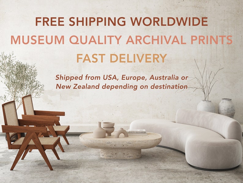 May include: A living room interior with two wooden chairs, a curved white sofa, and a coffee table with a textured surface. The coffee table has a few decorative items on it, including a small ceramic vase and a few small ceramic bowls. The wall behind the furniture is a light beige color. The text "FREE SHIPPING WORLDWIDE", "MUSEUM QUALITY ARCHIVAL PRINTS", and "FAST DELIVERY" is displayed on the wall. The text "Shipped from USA, Europe, Australia or New Zealand depending on destination" is also displayed on the wall.