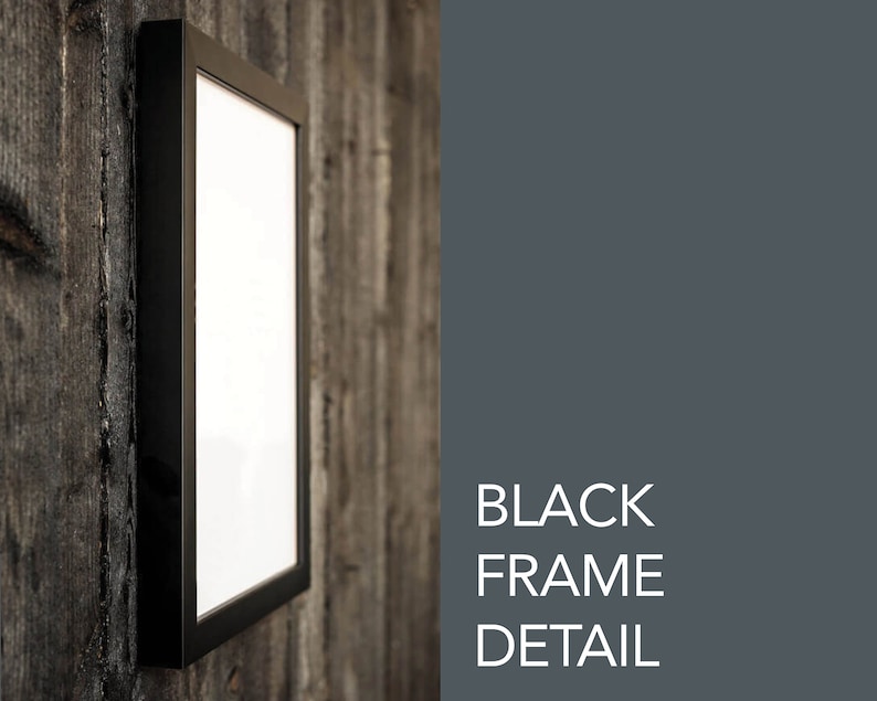 May include: A black picture frame with a white mat and a white background. The frame is hanging on a wooden wall.
