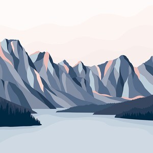 May include: A digital illustration of a mountain range with a lake in the foreground. The mountains are a mix of blue and pink hues, while the lake is a light blue color. The text "MORRINE LAKE, CANADA" is at the bottom of the image.