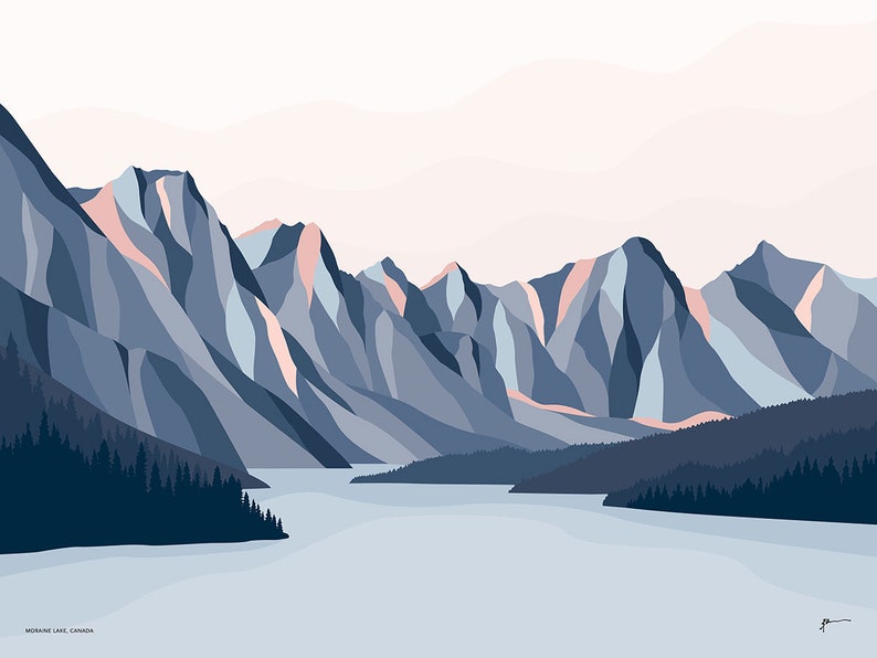 May include: A digital illustration of a mountain range with a lake in the foreground. The mountains are a mix of blue and pink hues, while the lake is a light blue color. The text "MORRINE LAKE, CANADA" is at the bottom of the image.