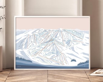 May include: A minimalist line art illustration of a ski resort mountain with blue, red, and black lines representing ski runs. The mountain is set against a light pink background.