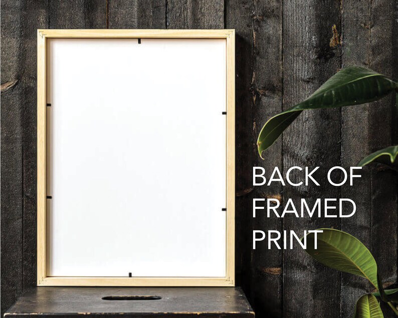 May include: The back of a framed print with a light wood frame. The print is white and the frame is a natural wood color. The text "BACK OF FRAMED PRINT" is printed in black on a dark wood background.
