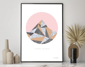 Mount Aspiring, Wanaka, New Zealand Modern Art Print with printed marble texture Wall art Poster