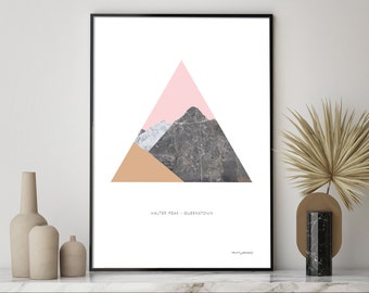 Walter Peak, Queenstown New Zealand Modern Mountain Geometric Art Print with printed marble texture Wall Art Poster. FREE WORLDWIDE SHIPPING