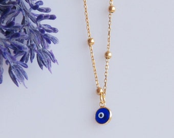 Blue Eyes Evil Eye, Minimalist Kabbalah Jewelry, Glass Beads, Satelite Chain Evil Eye Choker Necklace