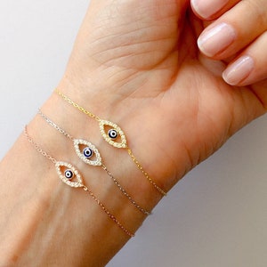 Braccialetto minuscolo con occhio maligno, delicato occhio maligno in argento sterling 925, placcato in oro, delicato braccialetto, braccialetto come regalo, regalo per moglie, donne e ragazze