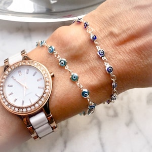Tiny  Evileye Evil Eye Metal Work 925 Sterling Silver Bracelet, Glass Evil Eye Beads, Nazar Bracelet