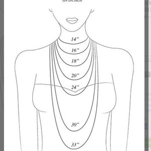 May include: A line drawing of a person's torso showing different necklace lengths in inches, from 14 inches to 33 inches.