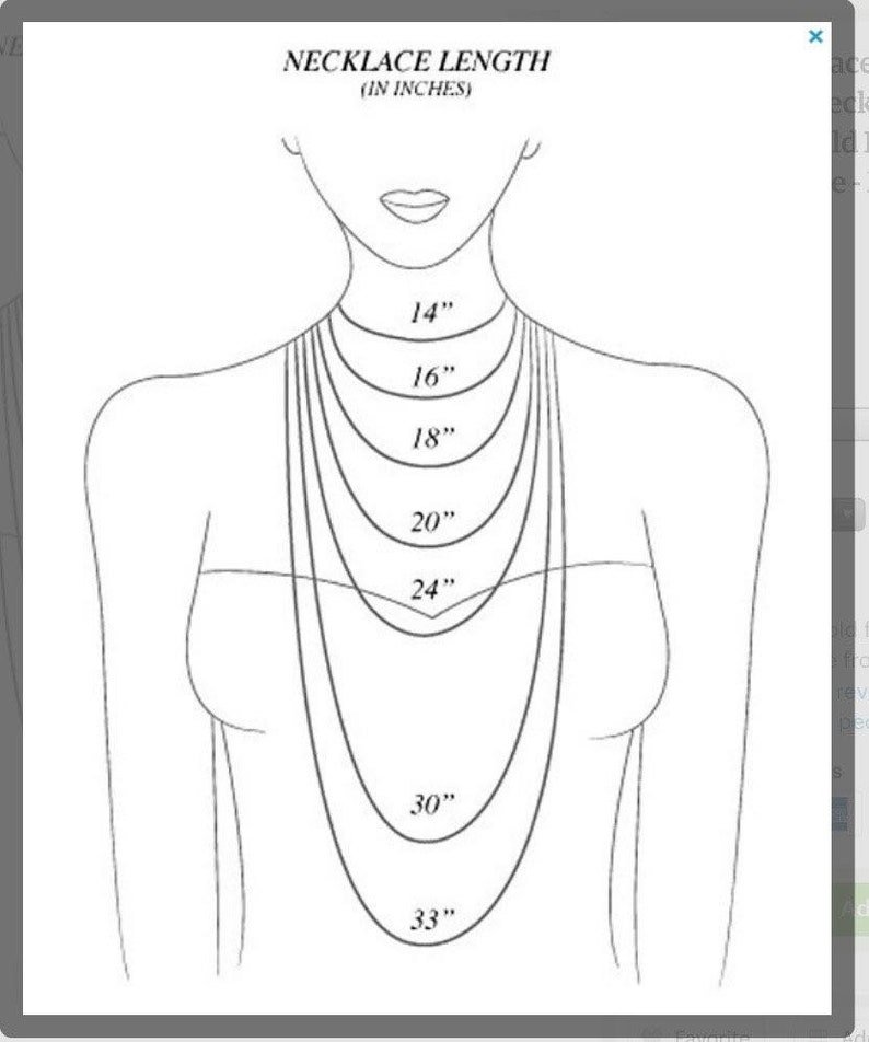 May include: A line drawing of a person's torso showing different necklace lengths in inches, from 14 inches to 33 inches.