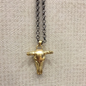 Buffalo Head Horn Pendant, 925 Sterling Silver Bull Skull Necklace, Choose Chain, recommend curb chains, Silver Mens Jewelry